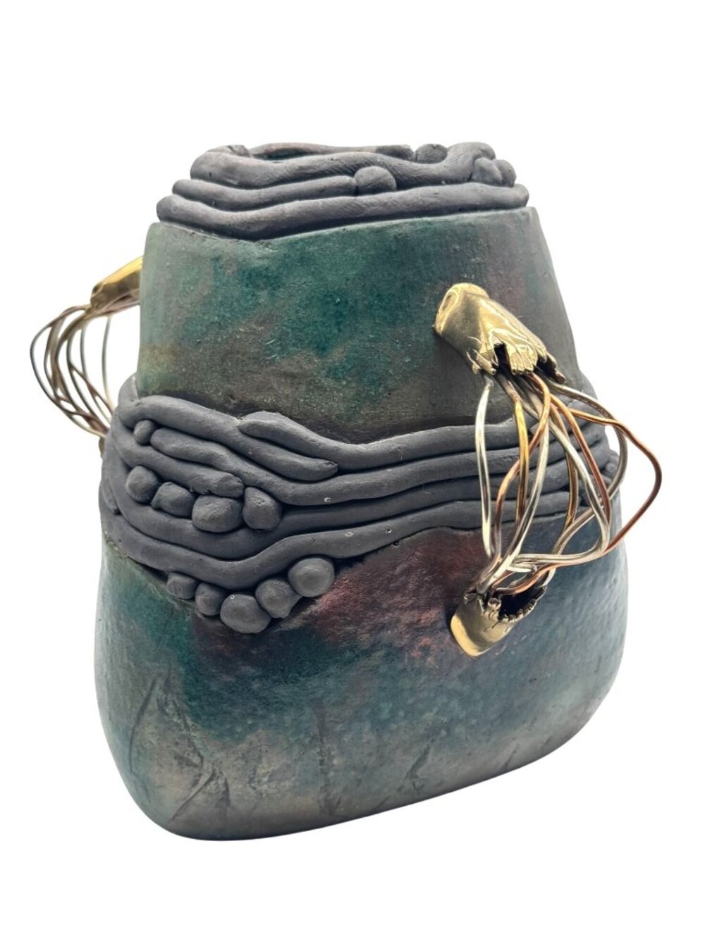 OOAK Raku Pottery Brass Art Vase Belly Dancer Series by Martha Prentiss 10"x8.5"
